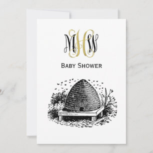Antike Bienen und Bienenstock #1 Vine Monogramm-Sc Einladung