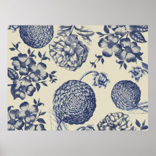 Antike Blaue Blumen Druck Floral Poster