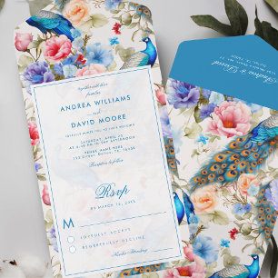 Antike Blaue Blumen Hochzeit im Stil des Pfauengar All In One Einladung