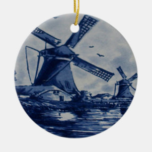 Antike blaue Delfter Kachel - Windmühlen am Wasser Keramikornament