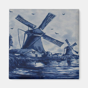 Antike blaue Delfter Kachel - Windmühlen am Wasser Magnet