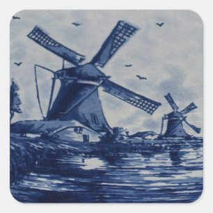 Antike blaue Delfter Kachel - Windmühlen am Wasser Quadratischer Aufkleber