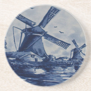 Antike blaue Delfter Kachel - Windmühlen am Wasser Sandstein Untersetzer