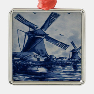 Antike blaue Delfter Kachel - Windmühlen am Wasser Silbernes Ornament