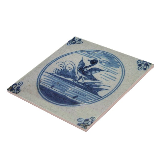 Antike blaue Fliese Delfts - Ente im Wasser (Seite)