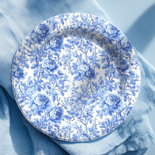Antike blaue französische Toile-Rosen Blumen-Papie Pappteller