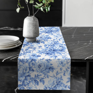 Antike Blaue Französische Toile-Rosen Florale Tisc Großer Tischläufer