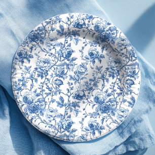 Antike Blaue Französische Toile Rosen Florales Pap Pappteller