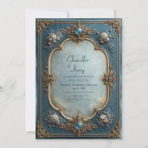 Antike blaue Hochzeit mit floralen Motiven Einladung