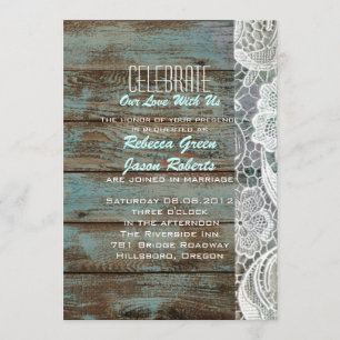 antike blaue Scheunenholz-Lace-Landhochzeit Einladung