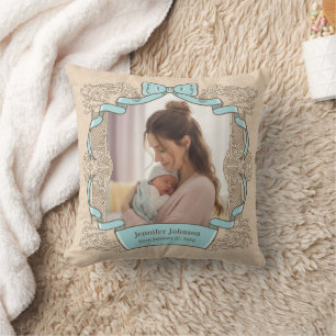Antike blaue Schleife Baby-Name-Fotobild Kissen