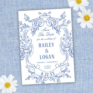 Antike Blaue Verzierte Rahmen Hochzeit Termin Merk Save The Date