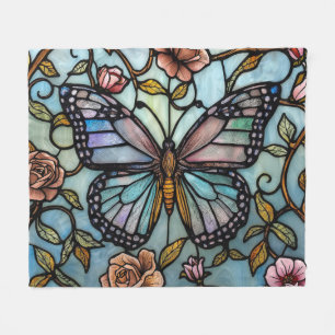 antike Bleiglas-Kunst in Blau mit Schmetterling  Fleecedecke