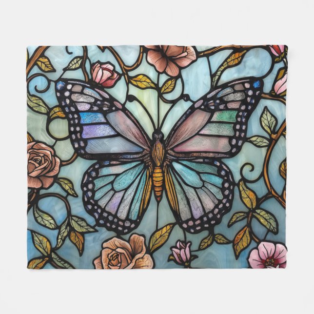 antike Bleiglas-Kunst in Blau mit Schmetterling  Fleecedecke (Vorderseite (Horizontal))