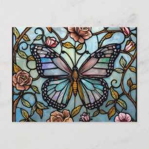 antike Bleiglas-Kunst in Blau mit Schmetterling Postkarte
