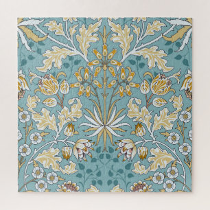 Antike Blumen, Blätter nahtloses hellblaues Muster Puzzle