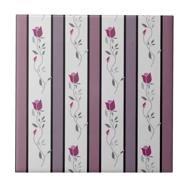 Antike Blumen gestreift in Schwarz und Rosa Fliese (Vorderseite)