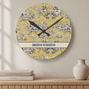 Antike Blumen-Lackierung gelbe Toile de Jouy Monog Runde Wanduhr