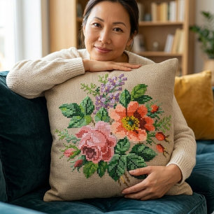 Antike Blumen Pfirsich & Rosa Blüten Stickerei Kissen