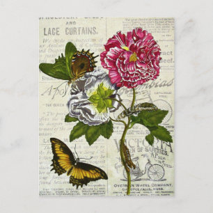 Antike Blumen und Schmetterling auf alten Anzeigen Postkarte