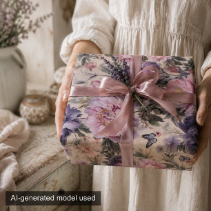 Antike Blumen- und Schmetterlingsdecoupage, Lila Geschenkpapier Set