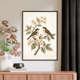 Antike Blumen Vögel Botanische Kunst Poster