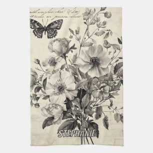 Antike Blumenanordnung - monochrome Butterflies Geschirrtuch
