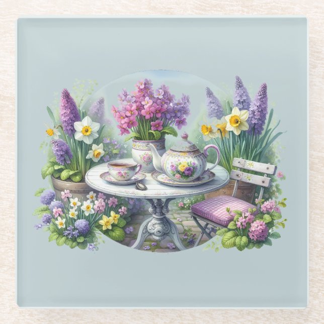 Antike Blumengesellschaft zum Tee im Garten Glasuntersetzer (Vorderseite)