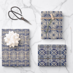 Antike Blumenmuster Blaue Weiße Portugiesische Fli Geschenkpapier Set