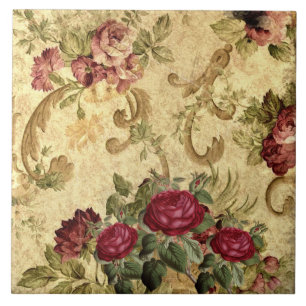 Antike bordeauxrote Rosen-Gold-Tapete Fliese