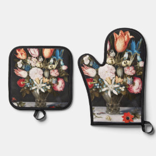 Antike Bosschaert Niederländische Tulpen und Rosen Ofenhandschuh & Topflappen-Set