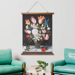 Antike Bosschaert Niederländische Tulpen und Rosen Wandteppich Mit Holzrahmen