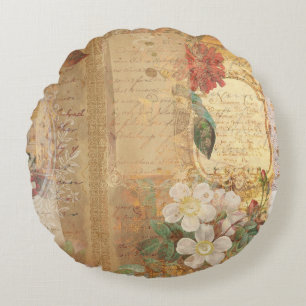 Antike botanische Blumenillustration Rundes Kissen