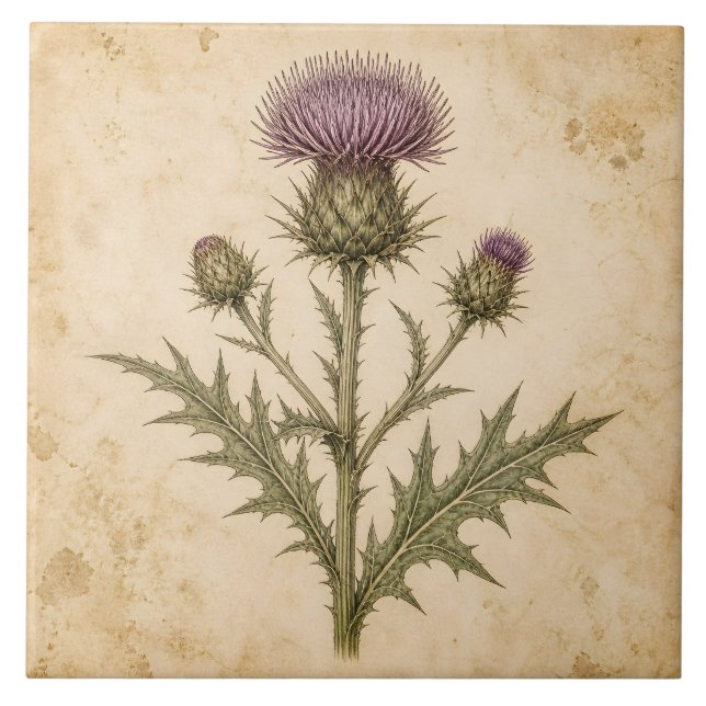 Antike Botanische Distel Fliese (Vorderseite)