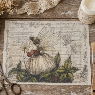 Antike botanische Fee mit altem Schriftbild Seidenpapier