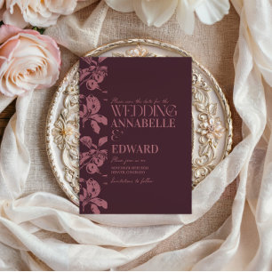Antike botanische Hochzeit Pflaume Burgund Einladung