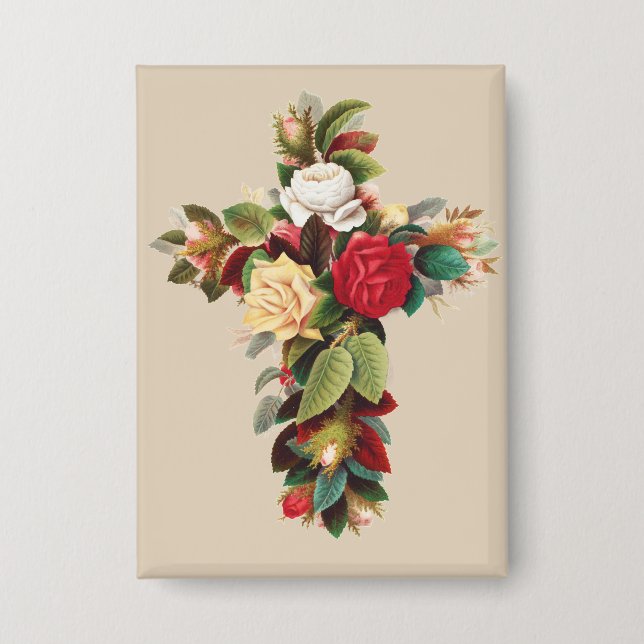 Antike botanische Kreuz-Rosen religiöse Kunst Button (Vorderseite)