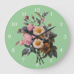antike botanische Rosen- und Gänseblümchenblumen Große Wanduhr