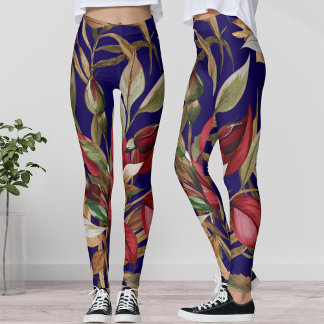 Antike botanische Rosen und Palmenblätter Blau Leggings