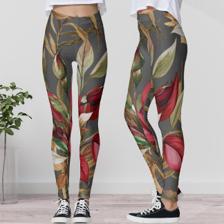 Antike botanische Rosen und Palmenblätter Grau Leggings