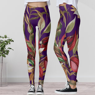 Antike botanische Rosen und Palmenblätter in Lila Leggings