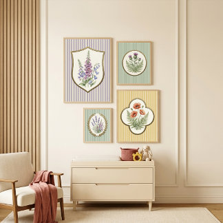 Antike botanische rote Mohnblumen und gelbe Farne Poster