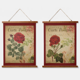 Antike botanische Teppiche - Rotes Rosenpaar Wandteppich Mit Holzrahmen