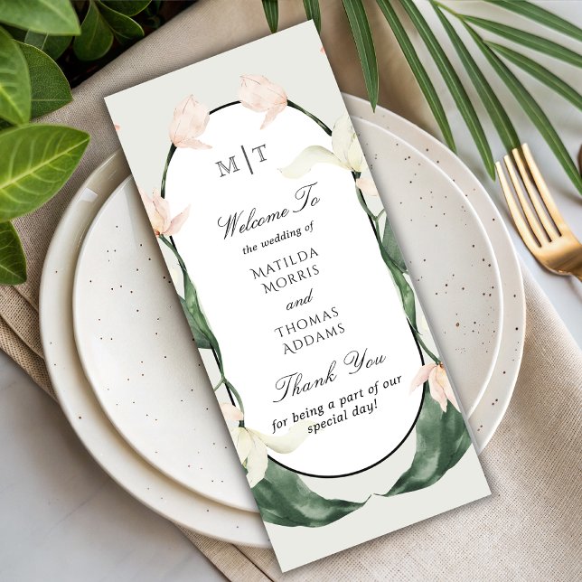 Antike botanische Tulpen-Monogramm-Hochzeitsprogra (Von Creator hochgeladen)