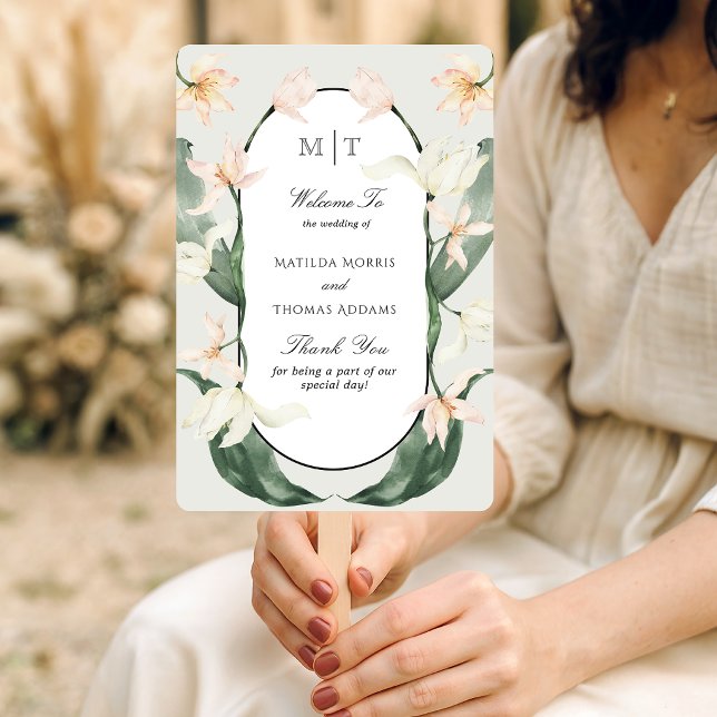 Antike botanische Tulpen-Monogramm-Hochzeitsprogra Fächer (Von Creator hochgeladen)