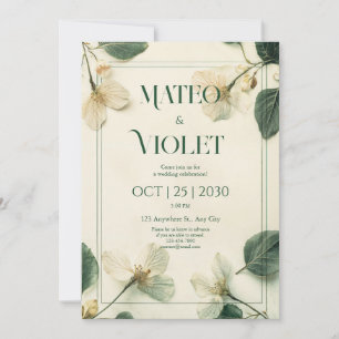 Antike Botanische Weiße Blüten Elegante Hochzeit Einladung