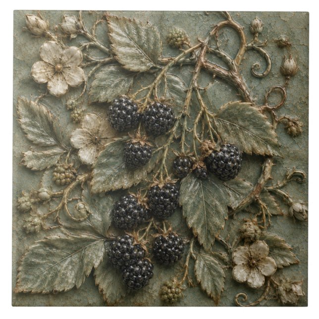 Antike Brombeerranke Botanisches Faux-Relief Fliese (Vorderseite)