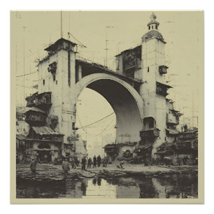 Antike Brücke im Sepia-Ton am Flussmarkt Poster