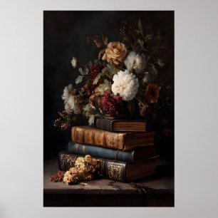 Antike Bücher & Blüten Stillleben der dunklen Akad Poster