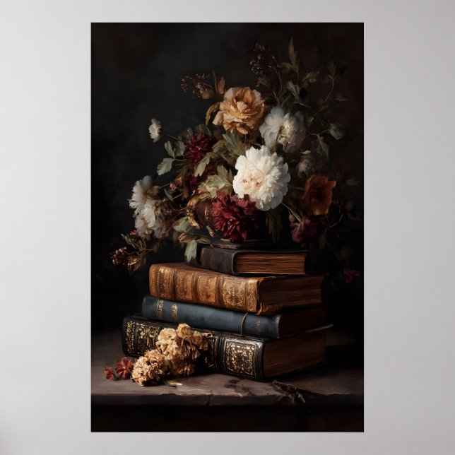Antike Bücher & Blüten Stillleben der dunklen Akad Poster (Vorne)